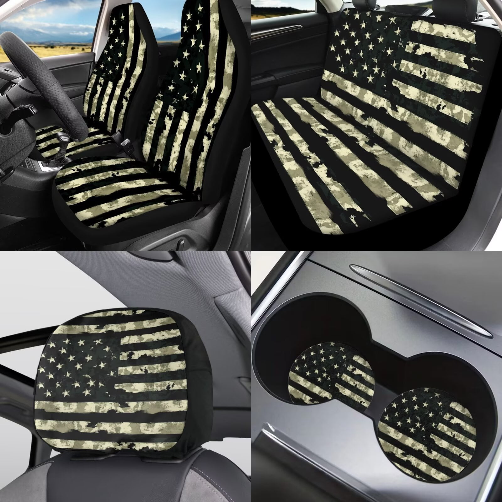 Garronmavis American Flag Comouflage Car Seat Covers Full Set 11 Pcs for Sun Protection with Cars Headrest Protectors+Lanyards Key Ring+Auto Cup Coaster+Handbrake Gear+Shift Knob Cover
