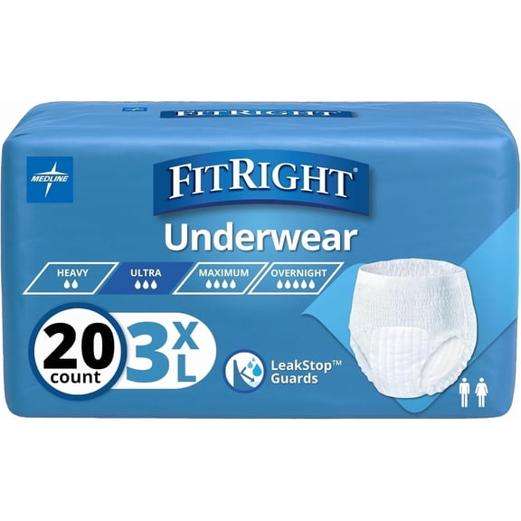FitRight Bariatric Incontinence Underwear for Men and Women, Adult Diapers, Super Absorbent, 3XL, 75in to 94in, 20 Count