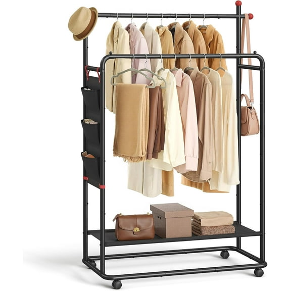 SONGMICS HOME Double-Rod Clothes Rack, Clothing Rack on Wheels, Portable Garment Rack, with 2 Clothes Hanging Rails, Fabric Shelf and Storage Bag, Matchstick-Shaped Hooks, Ink Black UHSR171B01