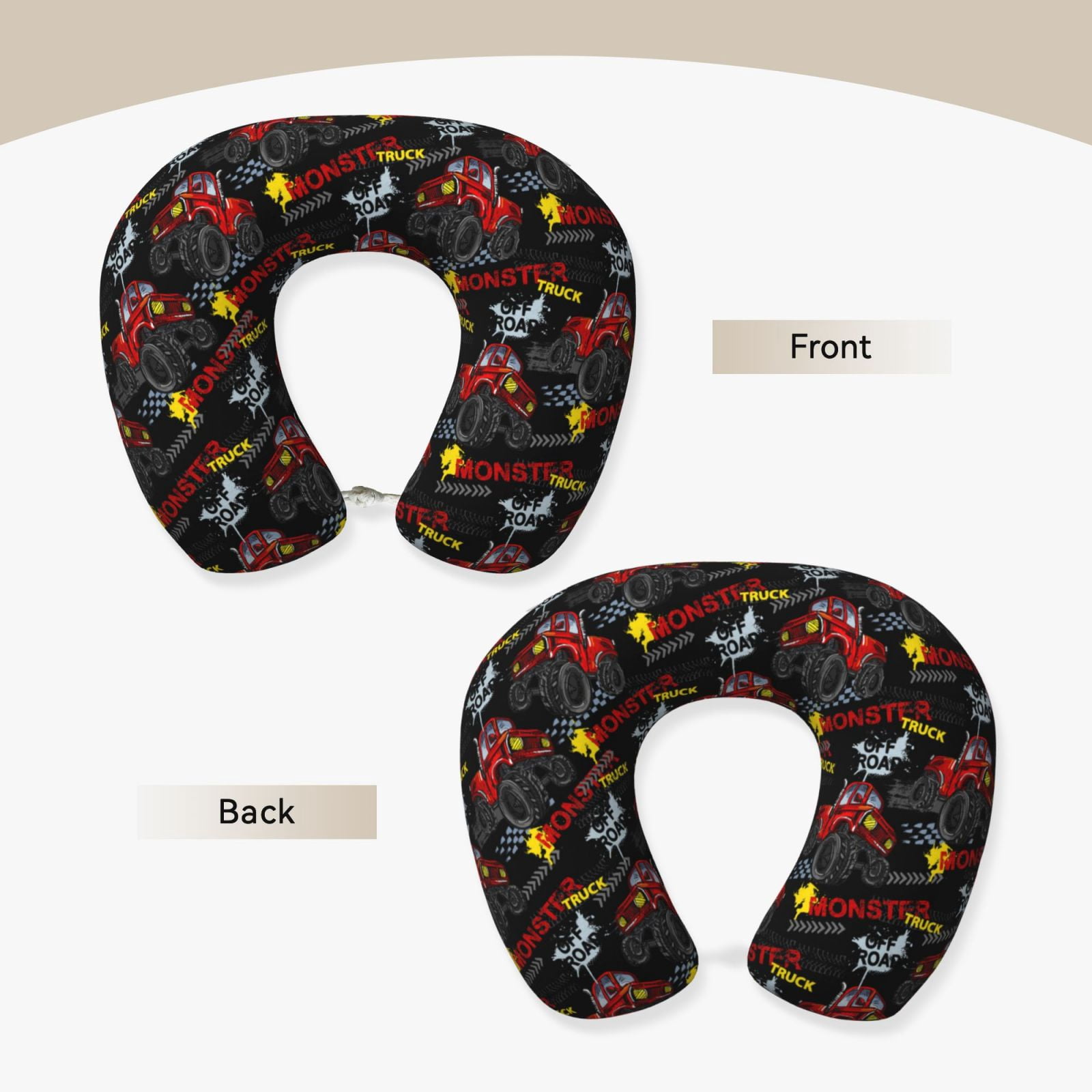 Xecao Monster Truck Print Memory Foam Cervical Neck Pillow Versatile U-Shaped Pillows for Home,Office,Camping,Travelling,Soft Washable Cover