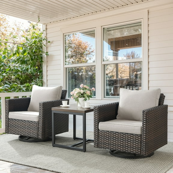 POCASSY 3 Pieces Outdoor Swivel Chair Set - 360° Swivel Rocking Patio Chair with All-Weather PE Wicker & Steel Frame, Modern Square Armrests for Porch Balcony, Brown Wicker Beige Cushion