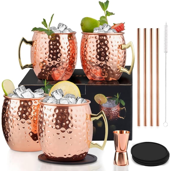 Juego de 4 Tazas de Cobre Moscow Mule con Jigger, Tazas Moscow Mule de 500 ml, Tazas de Aluminio Premium con 4 Pajitas y Cepillo, Copa de Bronce de Moscú 18 oz, para Bebidas Fría
