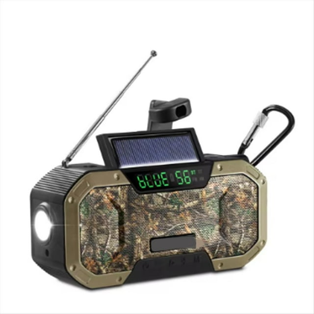 Radio Solar con Manivela, Altavoz Bluetooth, Linterna LED de Emergencia, Batería Externa, Dispositivo de Audio, Color Marrón .