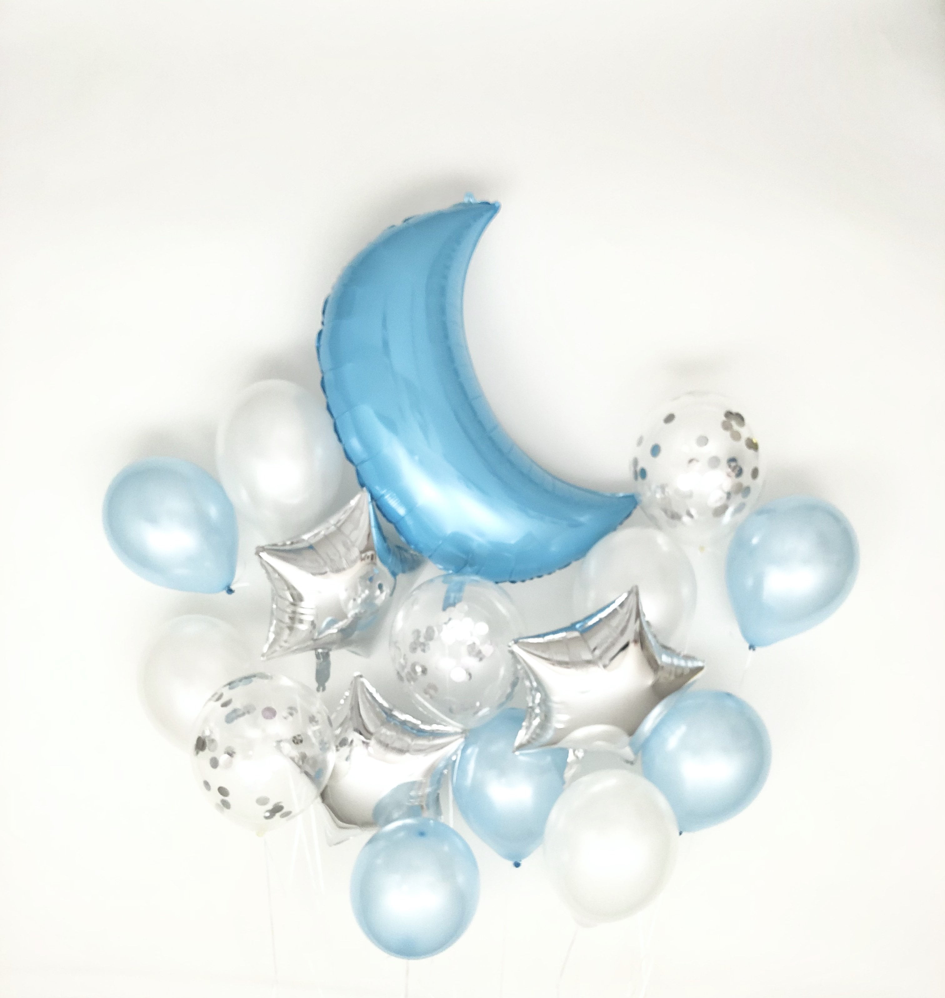 Sweet Moon 16 Piece Moon and Star Balloons Bouquet - Baby Shower, Birthday, Gender Reveal, Eid, Ramadan Party Decoration (Baby Blue)