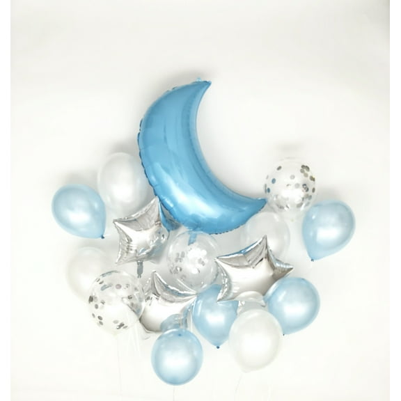 Sweet Moon 16 Piece Moon and Star Balloons Bouquet - Baby Shower, Birthday, Gender Reveal, Eid, Ramadan Party Decoration (Baby Blue)