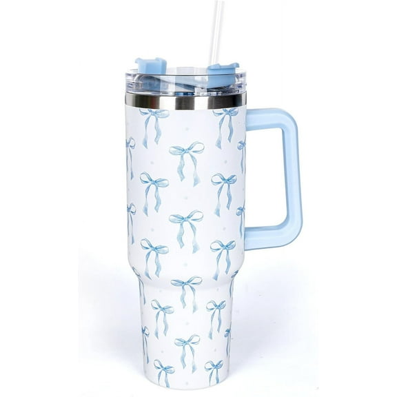 40 Oz Blue Bow Tumbler with Handle Bow-Knot Travel Coffee Cup for Man Women Friend Mothers Day Fathers Day Birthday