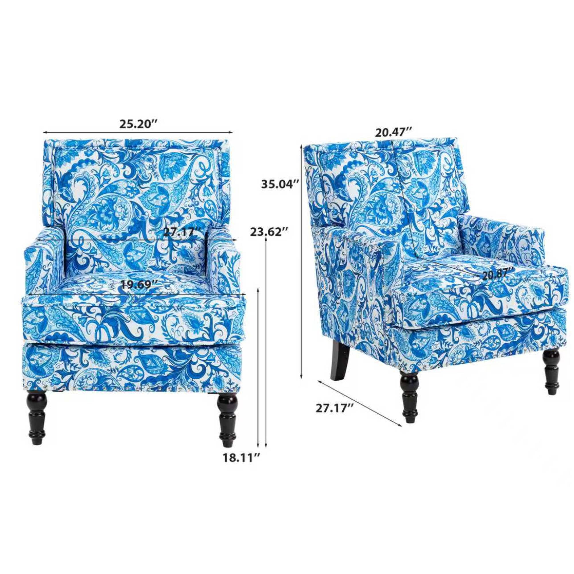 Mid Century Accent Chair Comfy Armchair with Wooden Legs & Nailhead Trim, Blue and White Striped Vintage Arm Chair, Blue and White