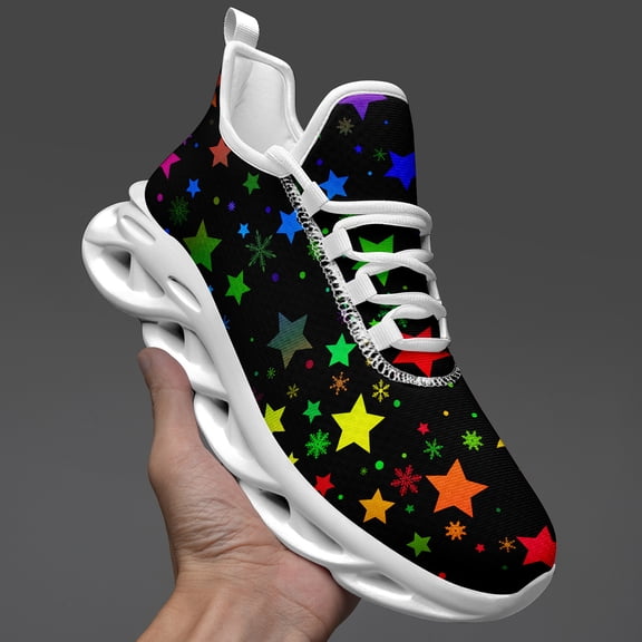 Coolcustomize Trendy Neon Star Print Lace-Up Running Shoes for Men, Comfortable Breathable Walking Shoes, Wide Fit Tennis Sneakers, Wide Width Round Toe Lace-up Low Top Sport Shoes, Fashion Sneaker