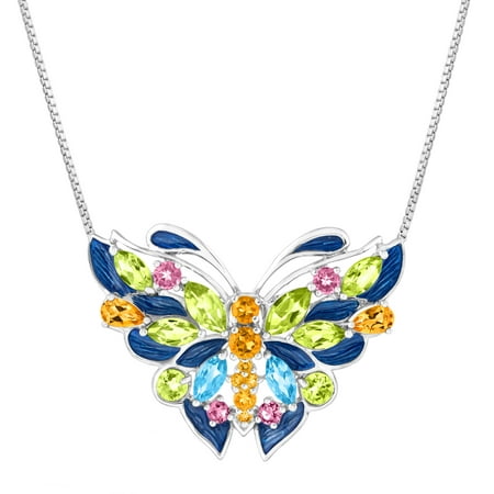 4 1/6 ct Natural Peridot, Citrine, Swiss Blue Topaz, Pink Tourmaline Butterfly Pendant Necklace in Silver, 18