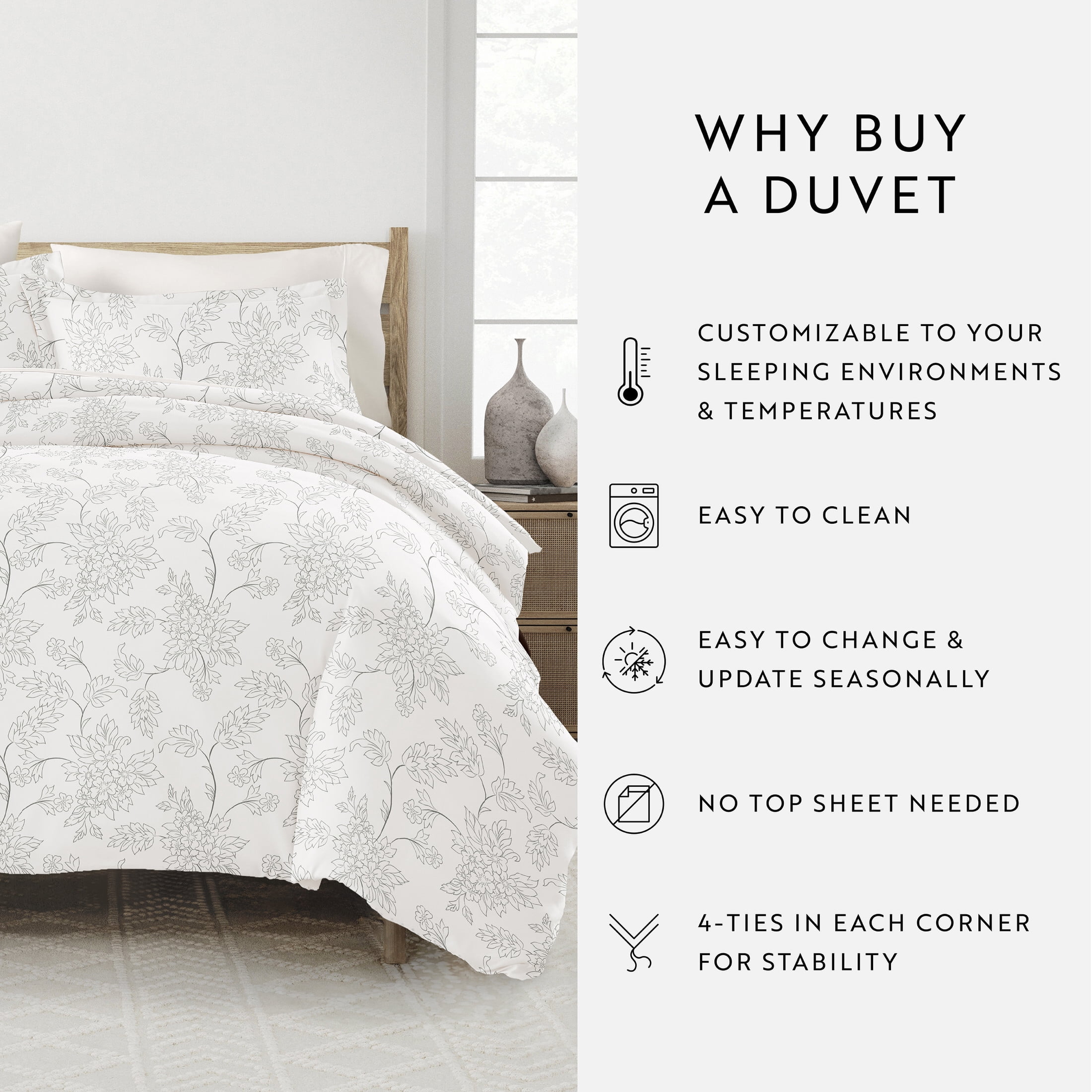 Noble Linens Gray Vine Pattern 3-Piece Duvet Cover Set, King/Calking