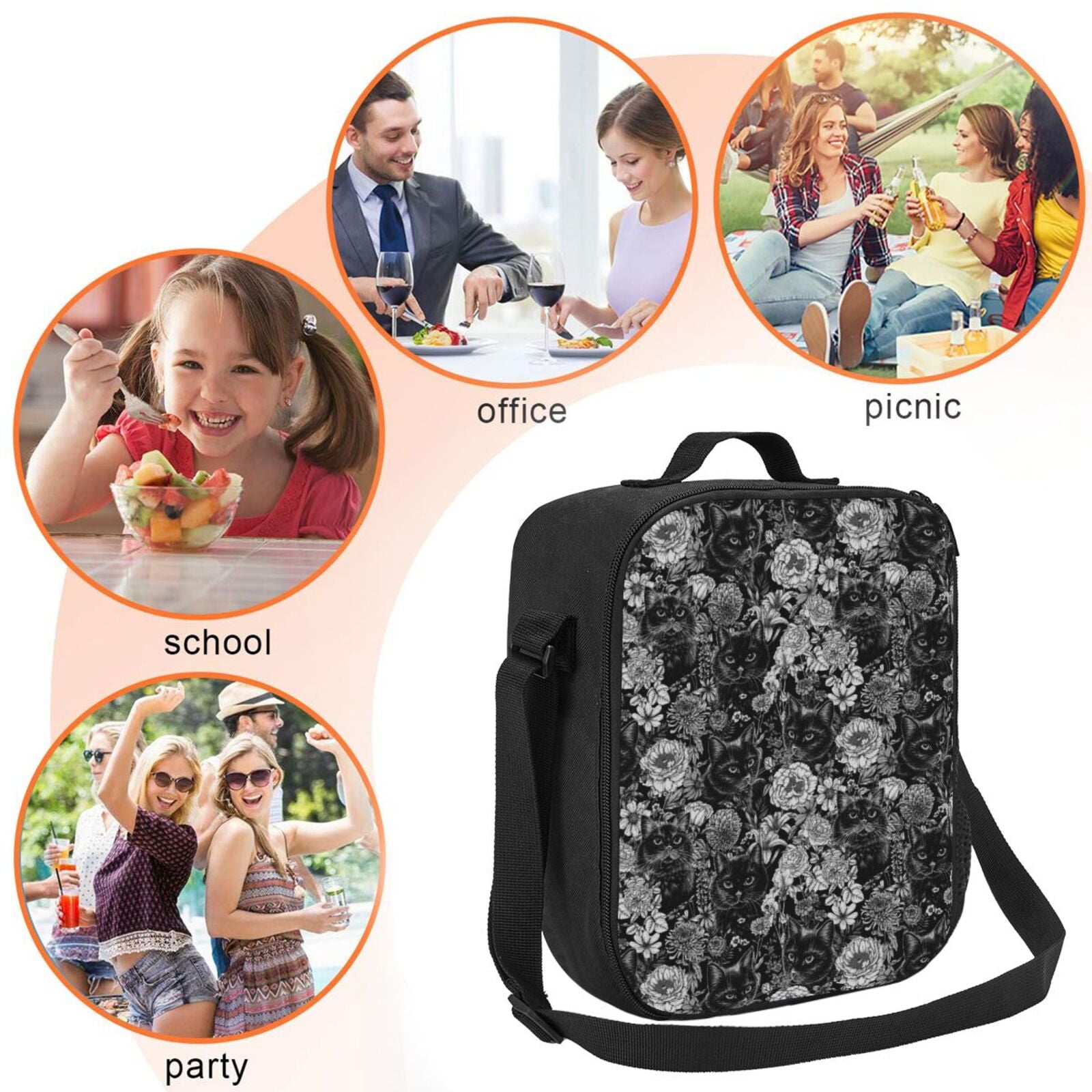 Defioc Black Cats In A Garden Print Lunch Box for Men & Women, Insulated Lunch Bag Thickened Thermal Leakproof Lunch Tote Bag for Adult Office Travel Picnic