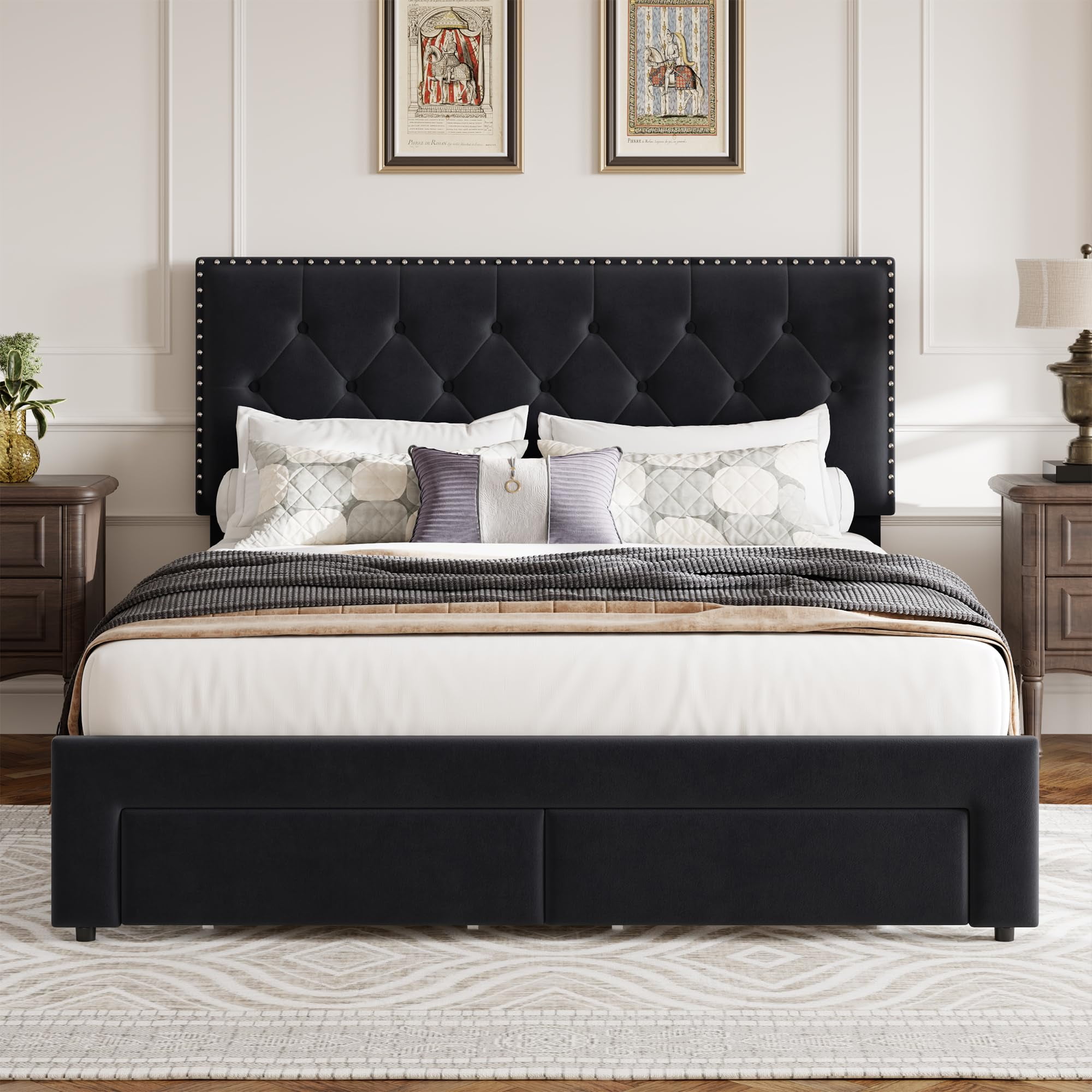 COZONY Vintage Velvet Upholstered Bed Frame - King Size with Tall Tufted, Adjustable-Height Headboard, 2 Storage Drawers, No Box Spring Required