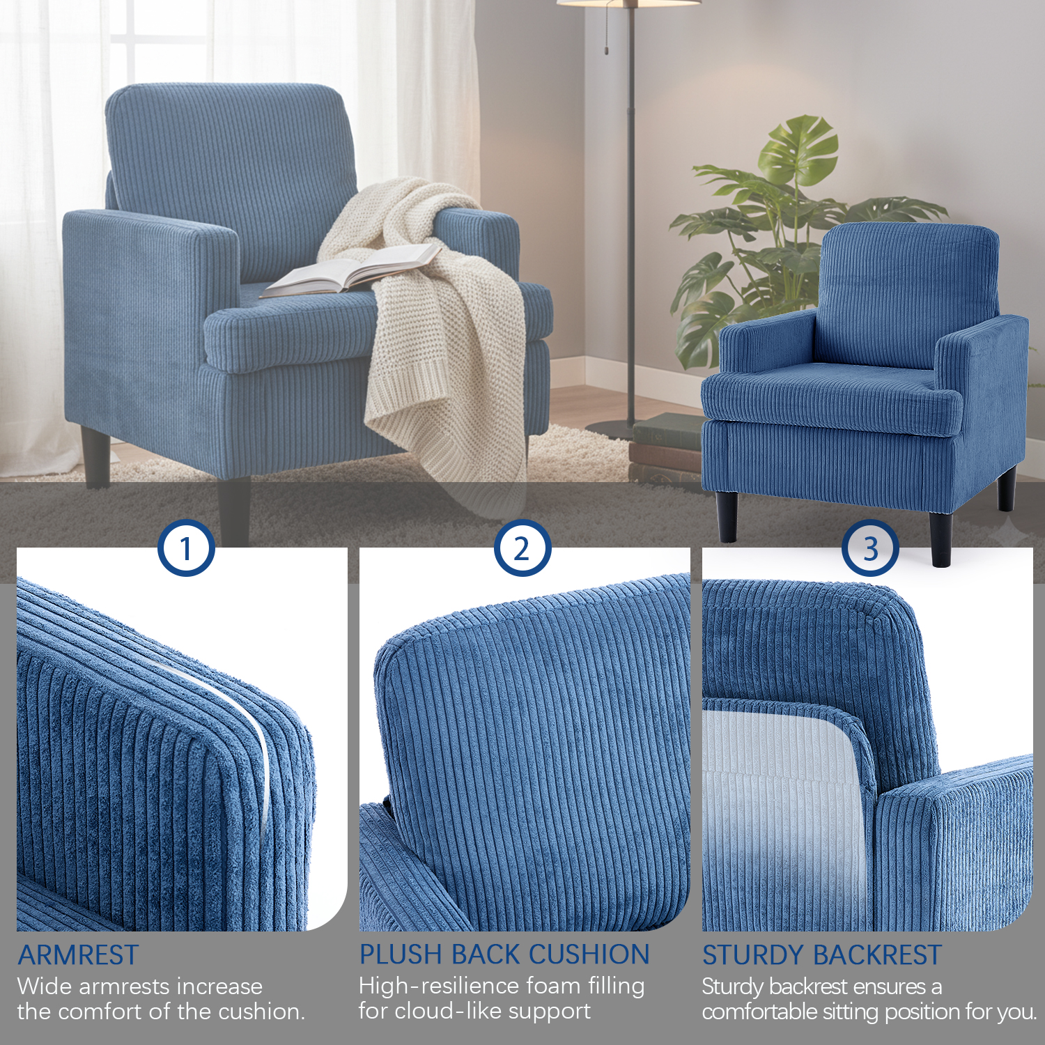 Modern Accent Chair Cozy Living Room Chairs Mid Century Modern Accent Chairs Reading Chair with Armrests for Living Room, Bedroom and Study（Blue）