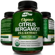 NutriFlair Organic Citrus Bergamot 1400mg, 120 Capsules - 25:1 Citrus Bergamia - Essential Oil and Citrus Bioflavonoids - Natural Heart Health Supplements for Women and Men - Non-GMO Pills
