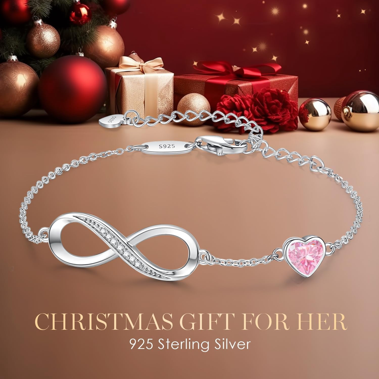 Tilga Infinity Heart Birthstone Charm Link Bracelet for Women 925 Sterling Silver Adjustable Mother's Day Gift Anniversary Birthday Jewelry for Wife Girlfriend Her