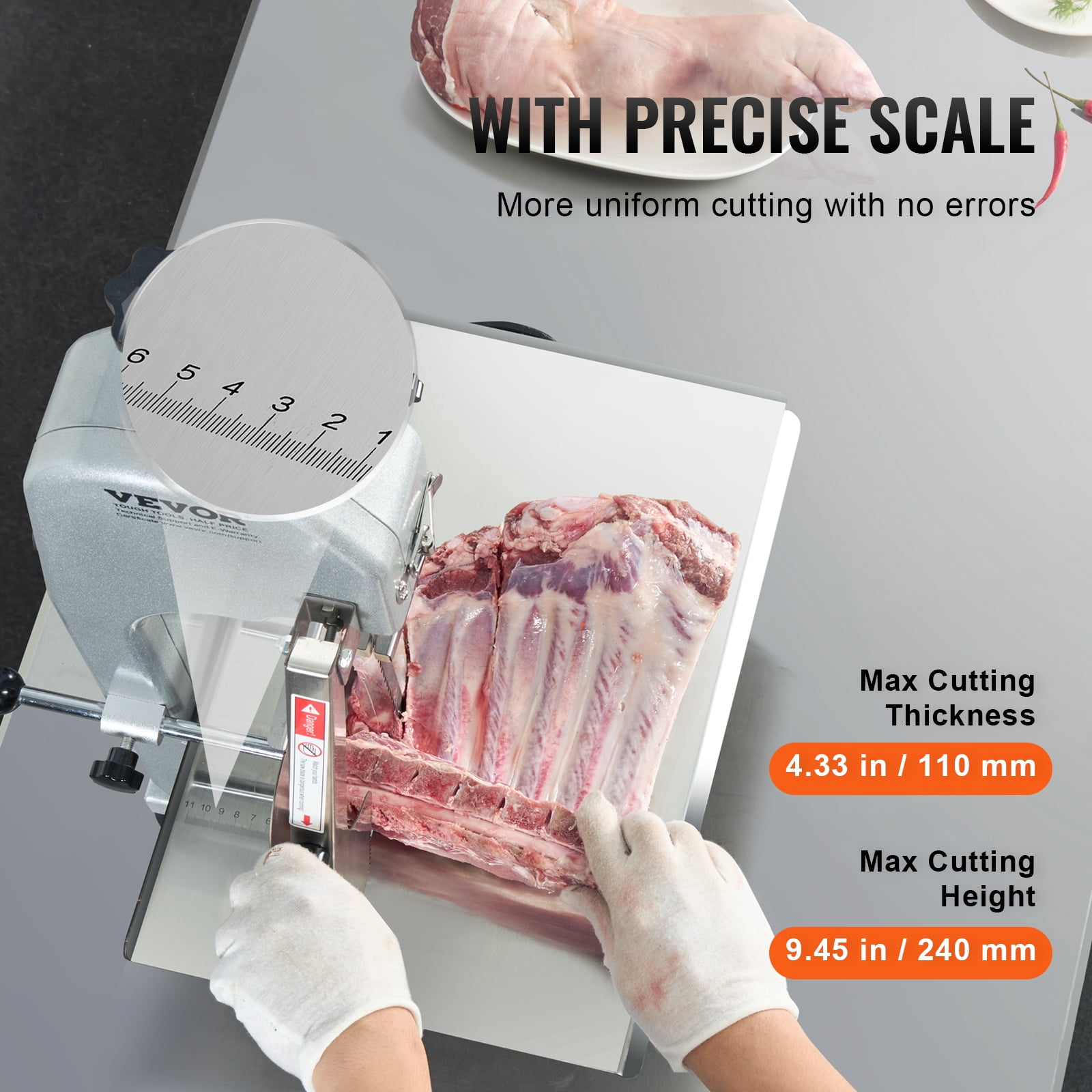 VEVOR Commercial Electric Meat Bandsaw, 650W Stainless Steel Countertop Meat Sawing Machine, Workbench 12.4" x 18.1", 4.33 Inch Max Cutting Thickness, Frozen Fish Cutter for Rib Pork Beef