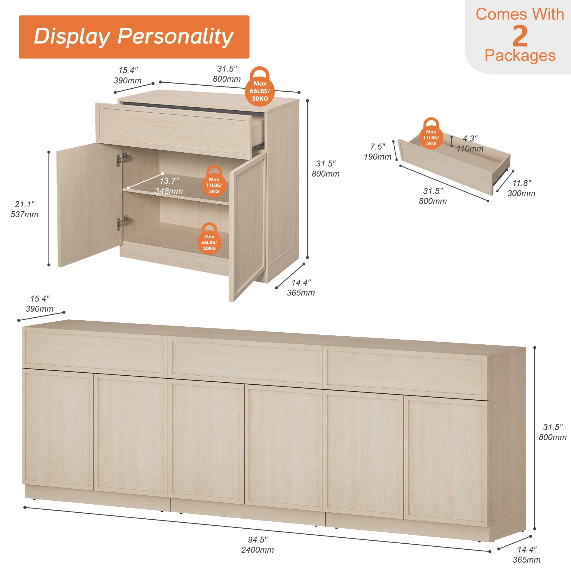 94.5" Modern Sideboard Buffet Cabinet with 6 Doors and Drawers, Multifunctional Sideboard with Large Storage and Adjustable Shelf, Beige