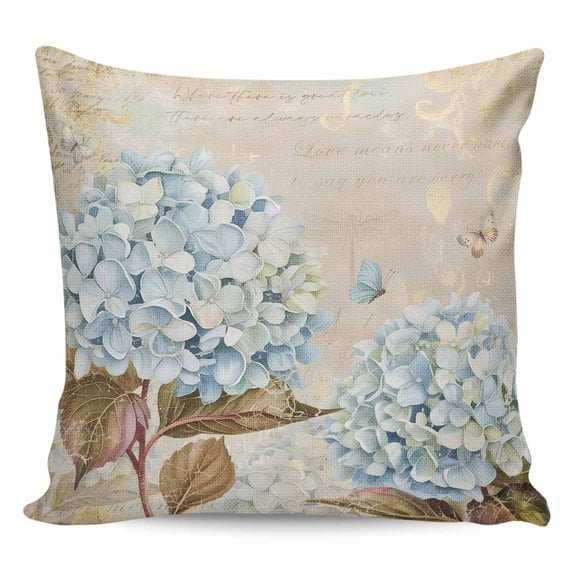 Blue Hydrangea Pillow Covers 24x24 Inch Decorative Throw Pillow Cover, Flowers Leaves Butterfly Retro Khaki Sofa Pillowcases Accent Cushion Case Home Decor Bedroom Living Room