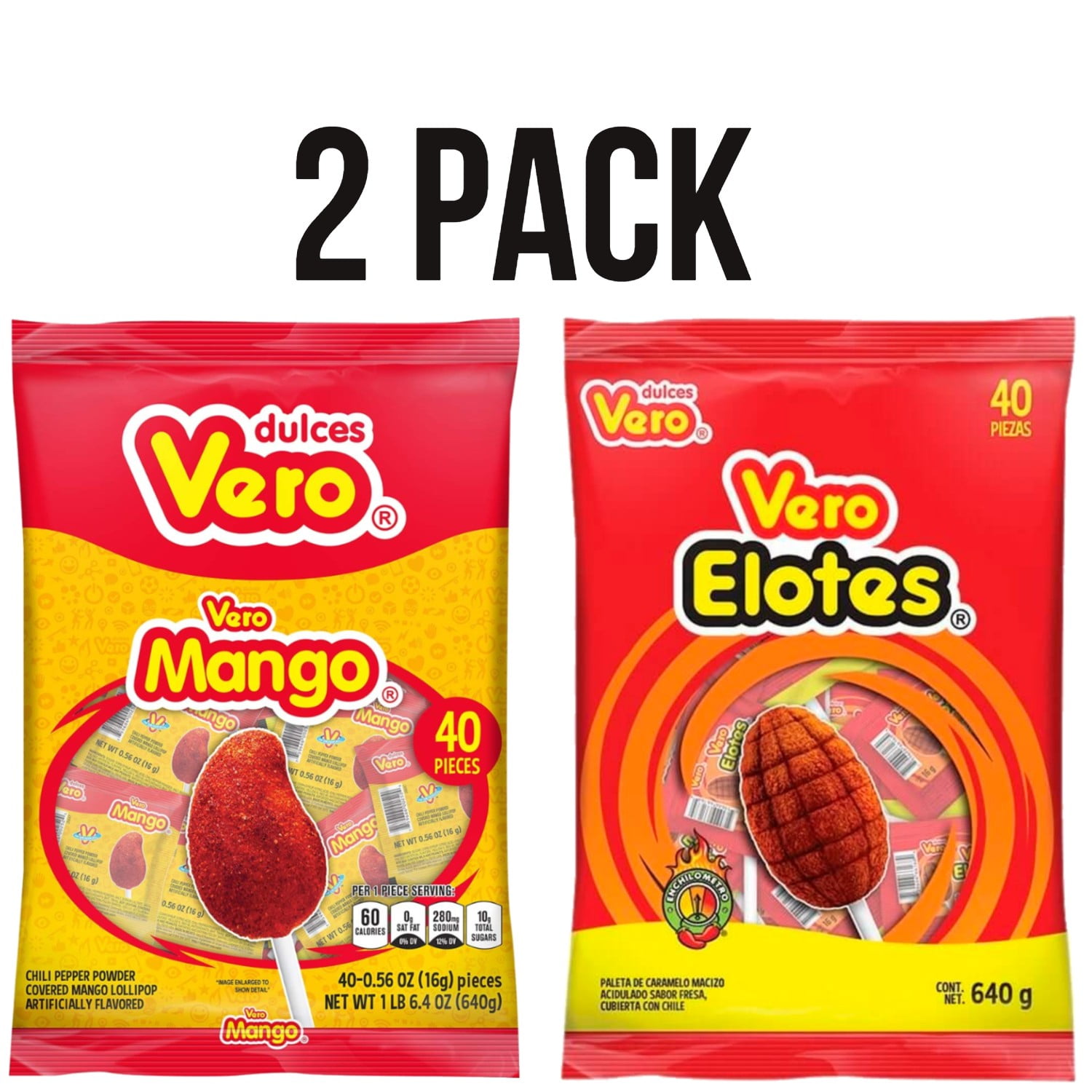 Vero Paletas/ Lollipops | Vero Mango Con Chile & Elote con Chille |  Lollipop Assortment - Mexican Hard Candy Chili Pops 40 Pcs each pack | 80  total 