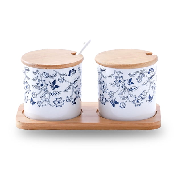 Sugar Bowl With Lid And Spoon, Blue And White Sugar Container Spice Jar, Salt Server Salt Container, Coffee Bar Accessories-Blue and white-2 Set