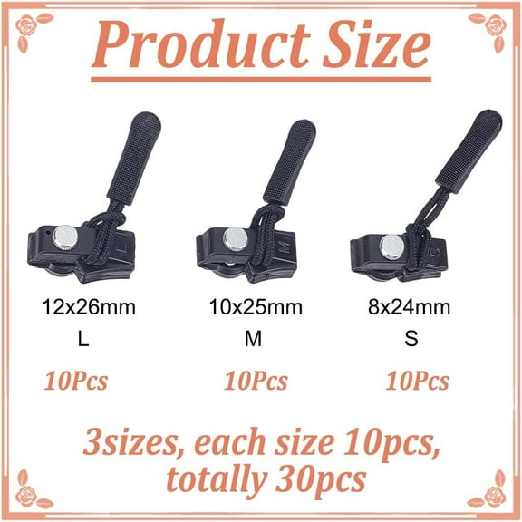 30 Sets 3 Styles Removable Universal Zipper Black Zipper Pull Replacement Detachable Zip Repair Kit Plastic Zippers Slider Puller for Clothes Bags Jackets Luggage DIY Crafts