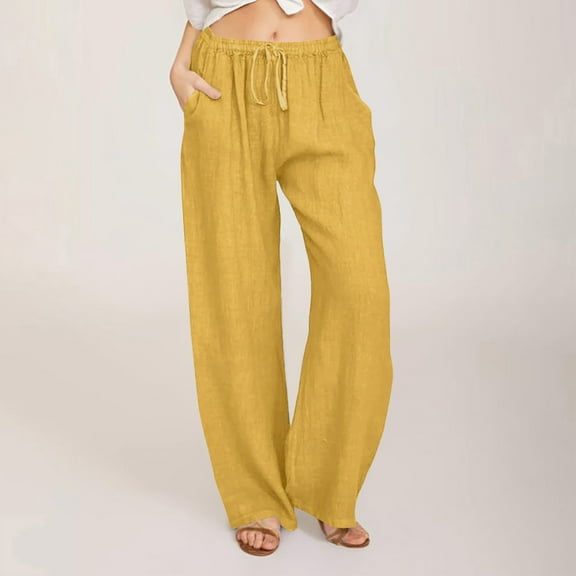 Fznquz Pull On Pants for Women Linen Casual Wide Leg Trousers Solid Color Elastic Waist Yellow Loose Drawstring Trouser L