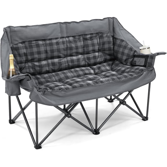 Heavy Duty Double Camping Chair Two Person Folding Loveseat Camping Couch High Back Padded Lawn Chair With Cup Holders Storage Bag For Backyard Beach Tailgating Sports