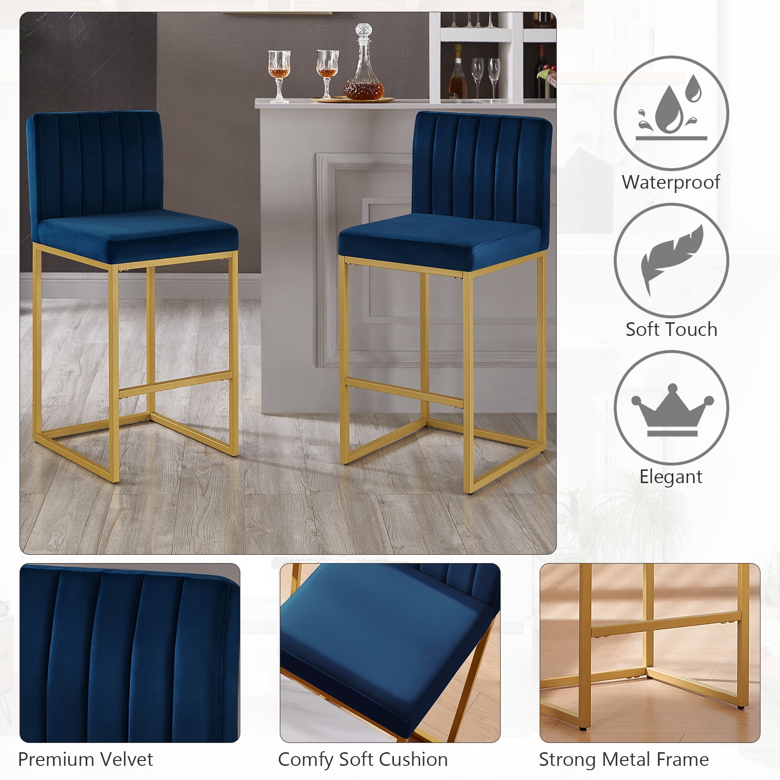 27 Inch Bar Stool, Velvet Counter Height Bar Stools, Set of 4 Bar Chairs with Back and Metal Legs, Kitchen Island Counter Stools for Pub, Dinning Room, Cafes