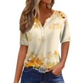 thumbnail image 5 of Minjewel Womens T Shirts Casual V Neck Short Sleeve - Fall Leaves Print Button Detail, T Shirts for Women Seasonal Graphic Tee, Summer Tops for Women for Autumn,Saffron 2XL, 5 of 6
