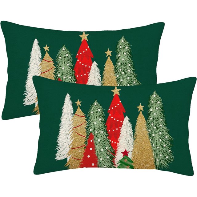 Christmas Pillow Covers 12x20 Set of 2, Colorful Christmas Tree Decor Green Throw Pillows Winter Pillow Case Christmas Decorations for Home Couch Sofa Outdoor