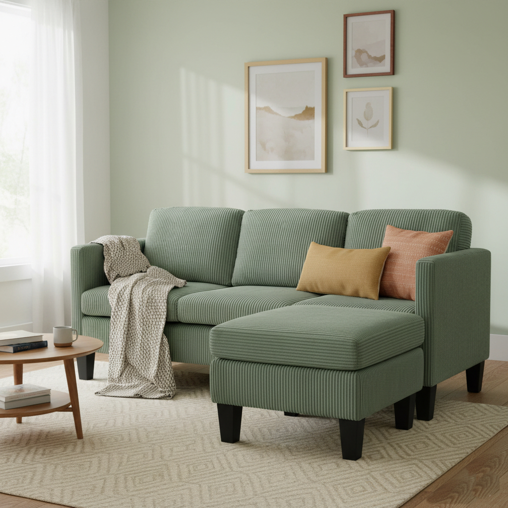 Leumius Convertible Sectional Sofa Couch,Modern Corduroy L-Shaped Couch with Storage Ottoman,Small Sofa for Small Living Room, Apartment and Small Space,Olive Green