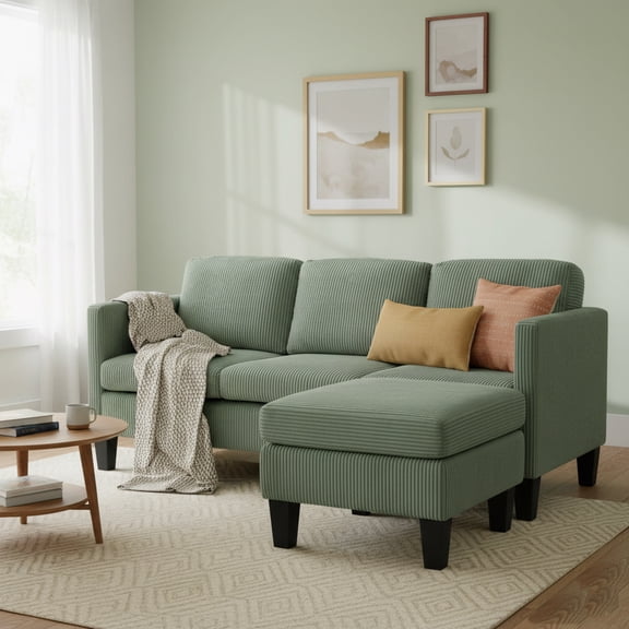 Leumius Convertible Sectional Sofa Couch,Modern Corduroy L-Shaped Couch with Storage Ottoman,Small Sofa for Small Living Room, Apartment and Small Space,Olive Green