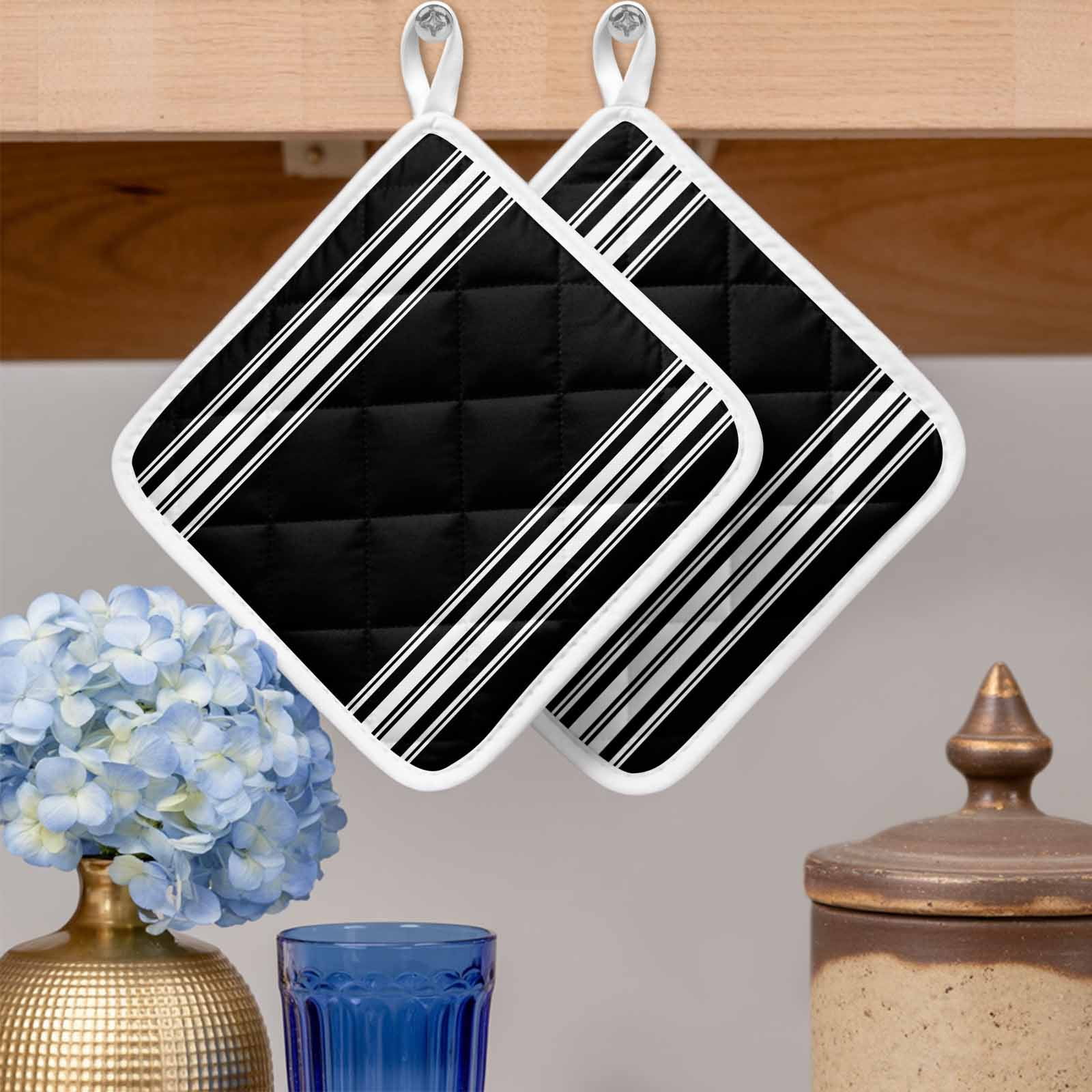 Black Striped Pot Holders for Kitchen Heatproof Potholder, 5 Pack Farmhouse Black White Stripes Hot Pads Multipurpose Oven Pads Cloth Potholders Trivet for Cooking Baking