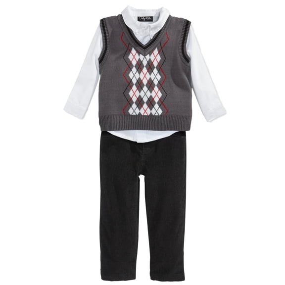 Only Kids Infant Boys 3 Piece Dress Up Outfit Pants Shirt Gray Sweater Vest 12m