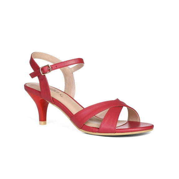 BLISSFUL STEP Women's Shoes Kitten Heel Open Toe Cross Straps Adjustable Ankle Strap Sandals Red 6