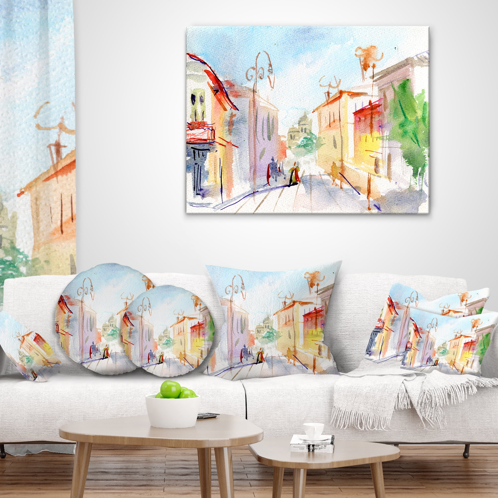 Designart Illustrated Parisian Street - Watercolor Cityscape Throw Pillow - 16x16