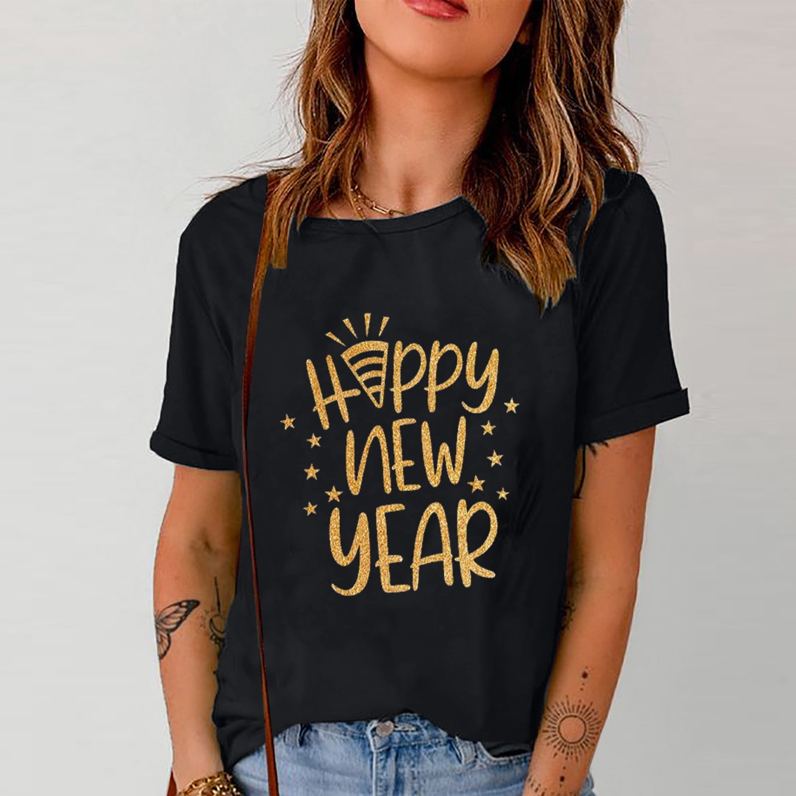 2023 Supplies Years Sleeve Happy Short Party New Shirts Round Tee T-Shirt 2023 New Neck Year Eve