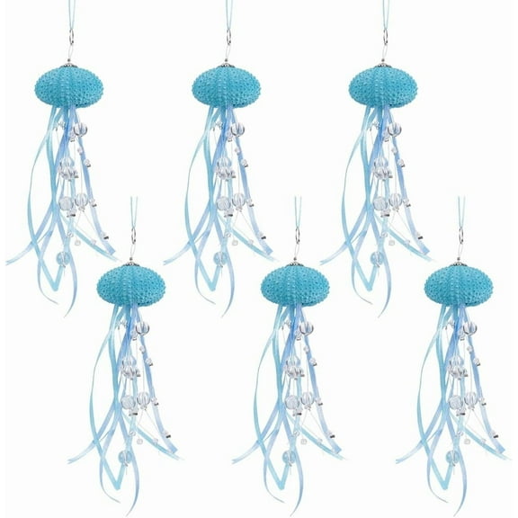 6Pcs Sea Urchin Jellyfish Ornament Coastal Beaded Beach Theme Christmas Tree Decor Ocean Hanging Jellyfish Decoration with and Ribbon for Wall Window Light Light Sky Blue