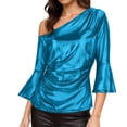 thumbnail image 1 of Tops de Manga Larga de las Mujeres con Brillo Metálico Y Textura de Costillas, Blusa Casual de Hombros para Fiesta Y Uso Cotidiano, Tops de Manga Corta de las Mujeres, 1 of 7
