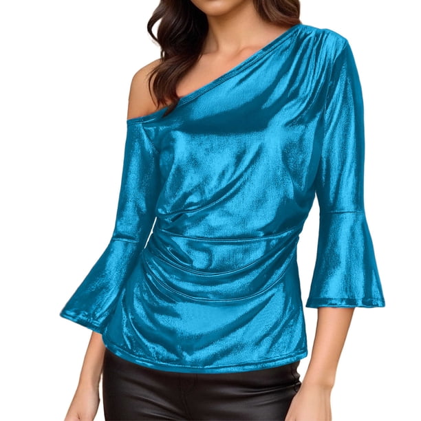 Tops de Manga Larga de las Mujeres con Brillo Metálico Y Textura de Costillas, Blusa Casual de Hombros para Fiesta Y Uso Cotidiano, Tops de Manga Corta de las Mujeres