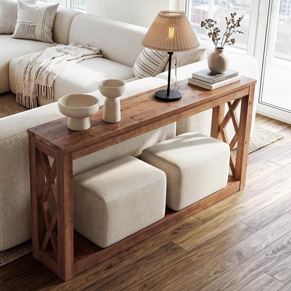 Finmind 63" Solid Wood Console Table, Farmhouse Entryway Sofa Table with Storage Shelf, X-Shaped Sides, Brown