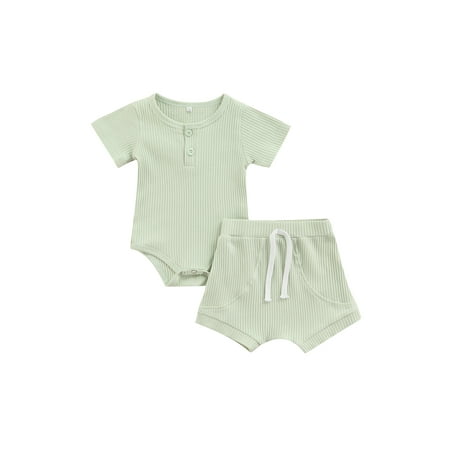 

TheFound 2Pcs Newborn Baby Girls Boys Outfits Short Sleeve Ribbed Romper Bodysuit Drawstring Shorts Summer Clothes