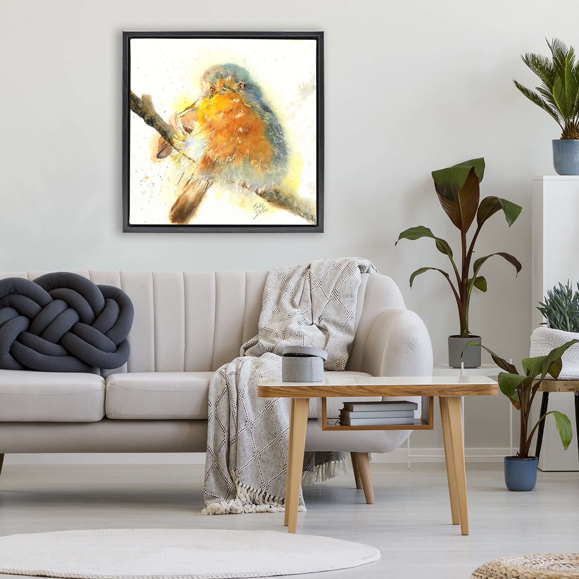 Stupell Industries Seated Songbird Watercolor Black Framed Floater Canvas Wall Art, design by Cady Driver