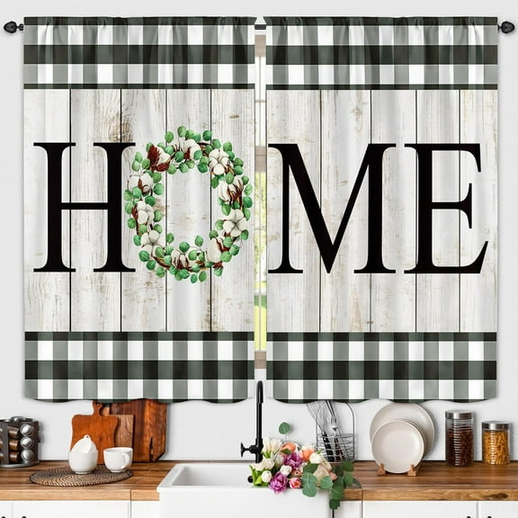 Farmhouse Kitchen Curtains Country Rustic Kitchen Window Curtains Over Sink Flower Leaves Small Short Cafe Curtains Buffalo Plaid Bathroom Window Treatment Tier Curtains 2 Panels (27.5x39 Inch)