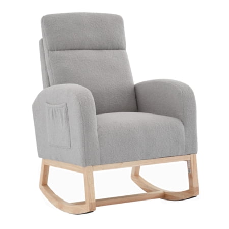 Light Gray Upholstered Glider Rocking Chair With Side Pocket And Wooden