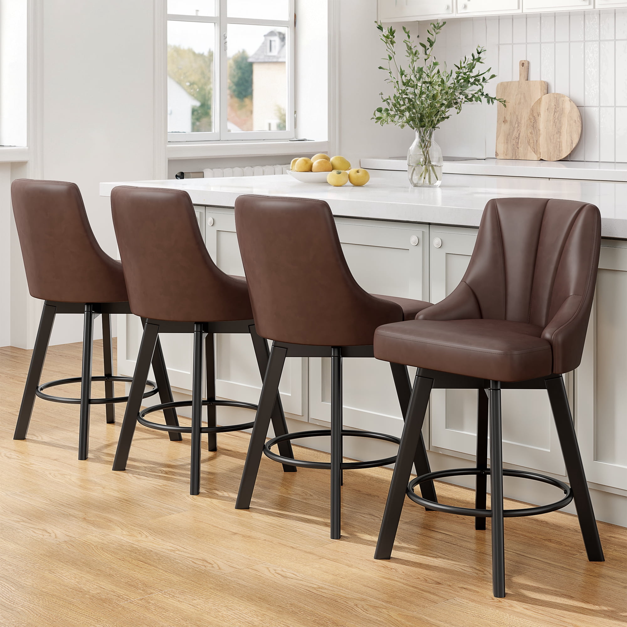 LainTene 24" Counter Height Swivel Bar Stools Set of 6, PU Leather Upholstered Counter Barstools with Solid Wood Legs and Backs for Kitchen Island, Home Bar