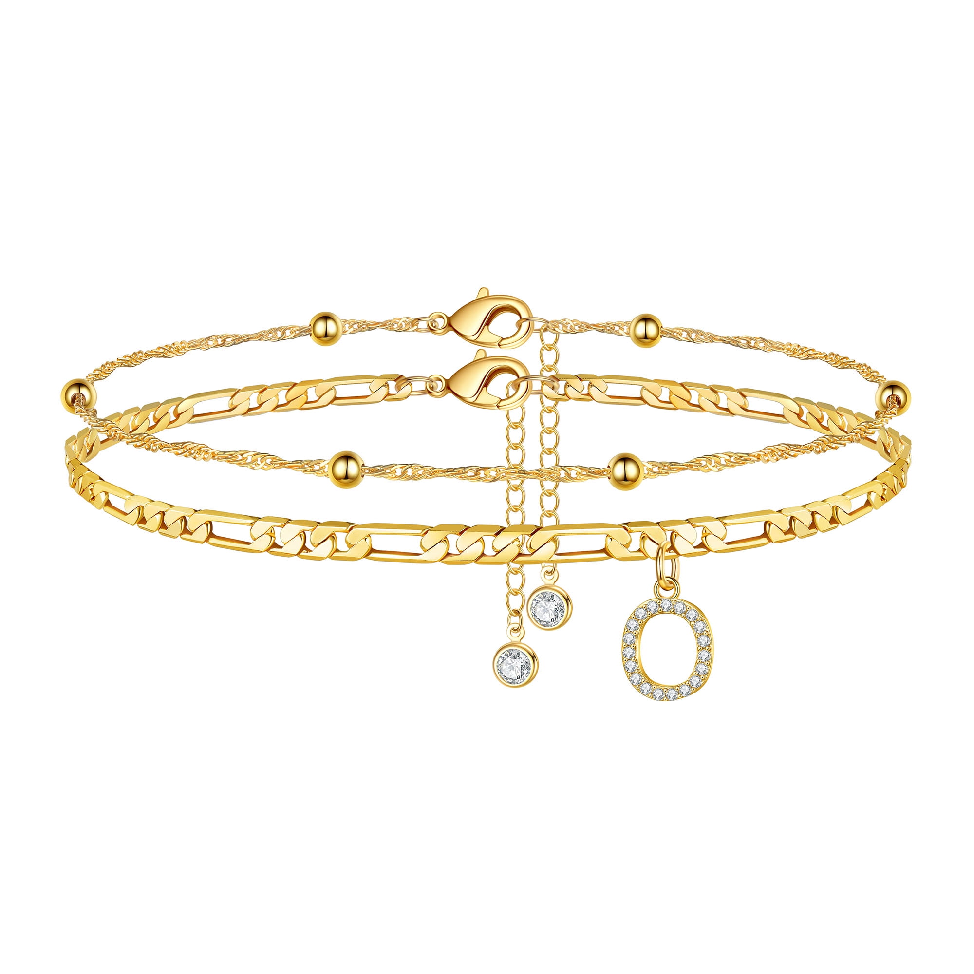 TINGN Ankle Bracelets for Women 14K Gold Plated Layered Figaro Chain with  CZ Letter Anklets Jewelry 