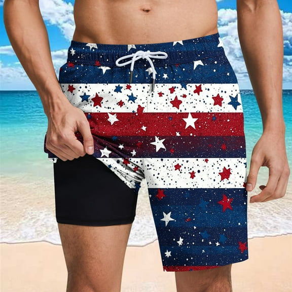 cllios Men's Swim Trunks with Compression Liner 4th of July Patriotic Swim Shorts Quick Dry Mens Swimsuit Board Shorts with Pockets