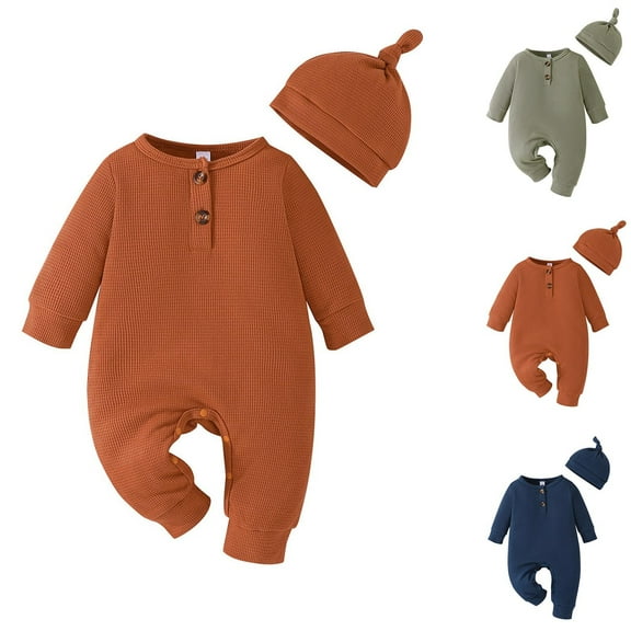 Lovzfmll 2 Piece Set Bodysuit Set for Newborn Toddler, Solid Color Snap Onesie with Matching Hat, Long Sleeve Cozy Winter Loungewear Set for 3-6 Months