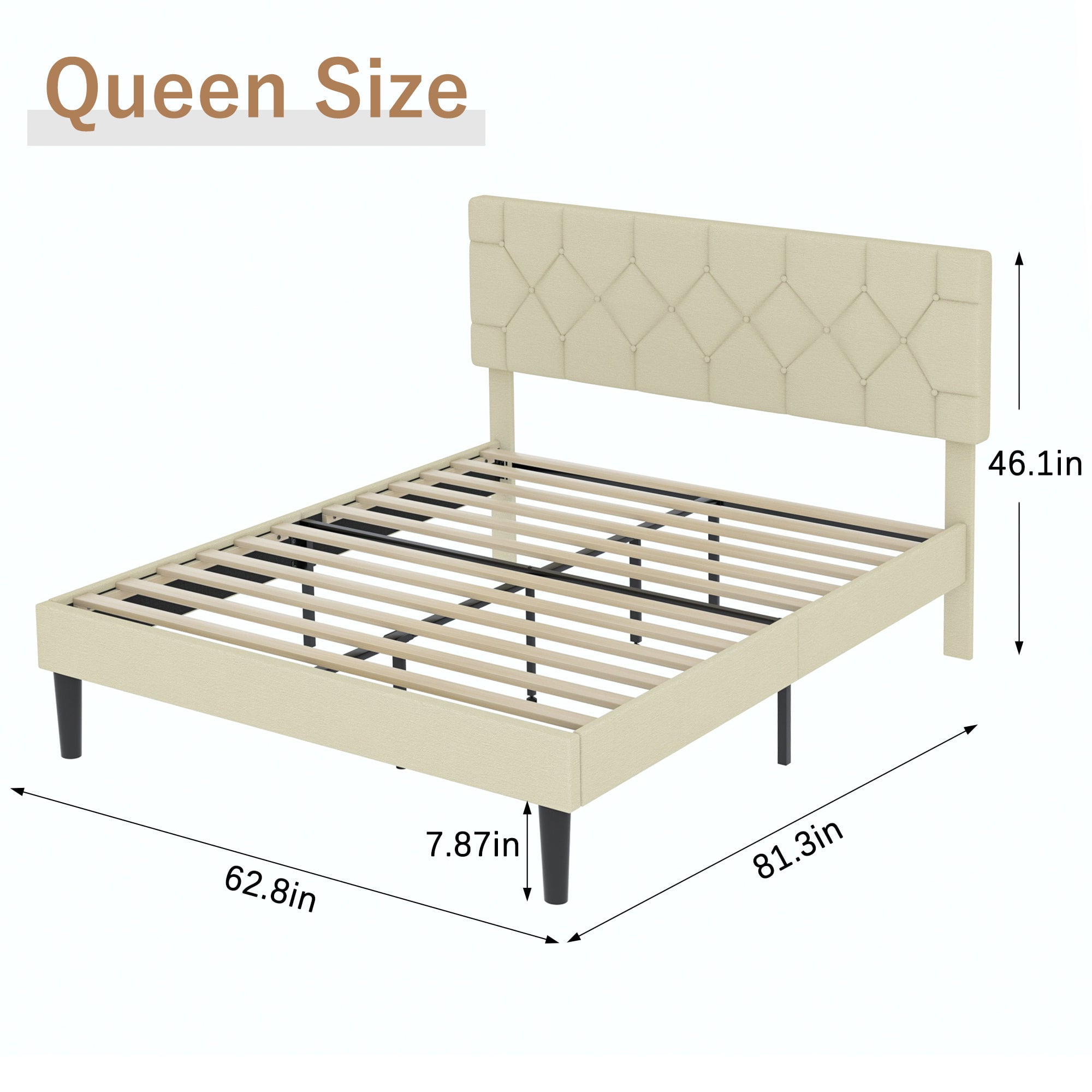 VECELO Queen Size Platform Bed Frame Upholstered Beds with Height-Adjustable Linen Button Tufted Headboard, Bed Frame, Beige